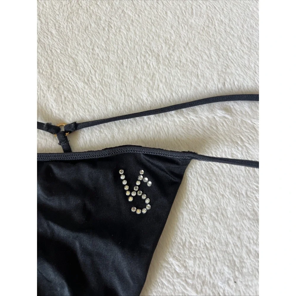Vintage Victoria's Secret L Very Sexy Satin Black Rhinestone Bling V-String Y2K